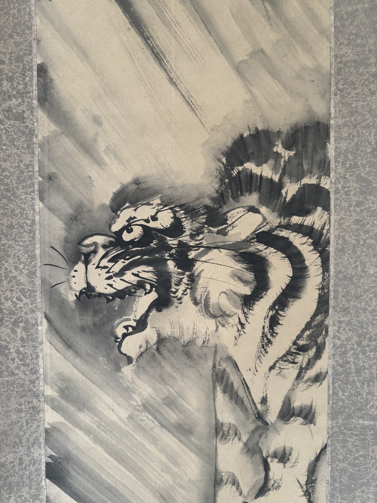 Antique Japanese Hanging Scroll - Tiger in Rain - Zenga Sumi-e - Signed Kiyū - Edo-Meiji Warrior Aesthetic