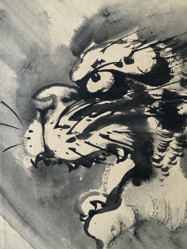 Antique Japanese Hanging Scroll - Tiger in Rain - Zenga Sumi-e - Signed Kiyū - Edo-Meiji Warrior Aesthetic