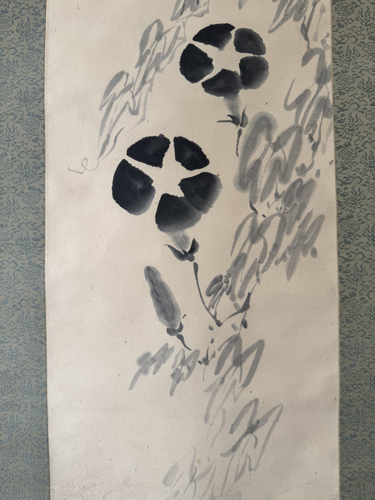 Vintage Japanese Haiga Scroll Morning Glory Asagao Poem Painting