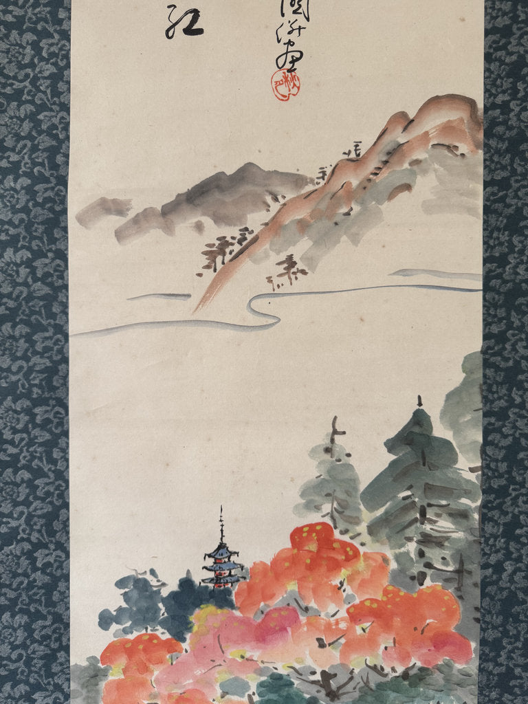 Vintage Japanese Hanging Scroll — Autumn Pagoda Landscape with Maple — Nihonga Sansui — Signed Jōen — Kōyō Season Art