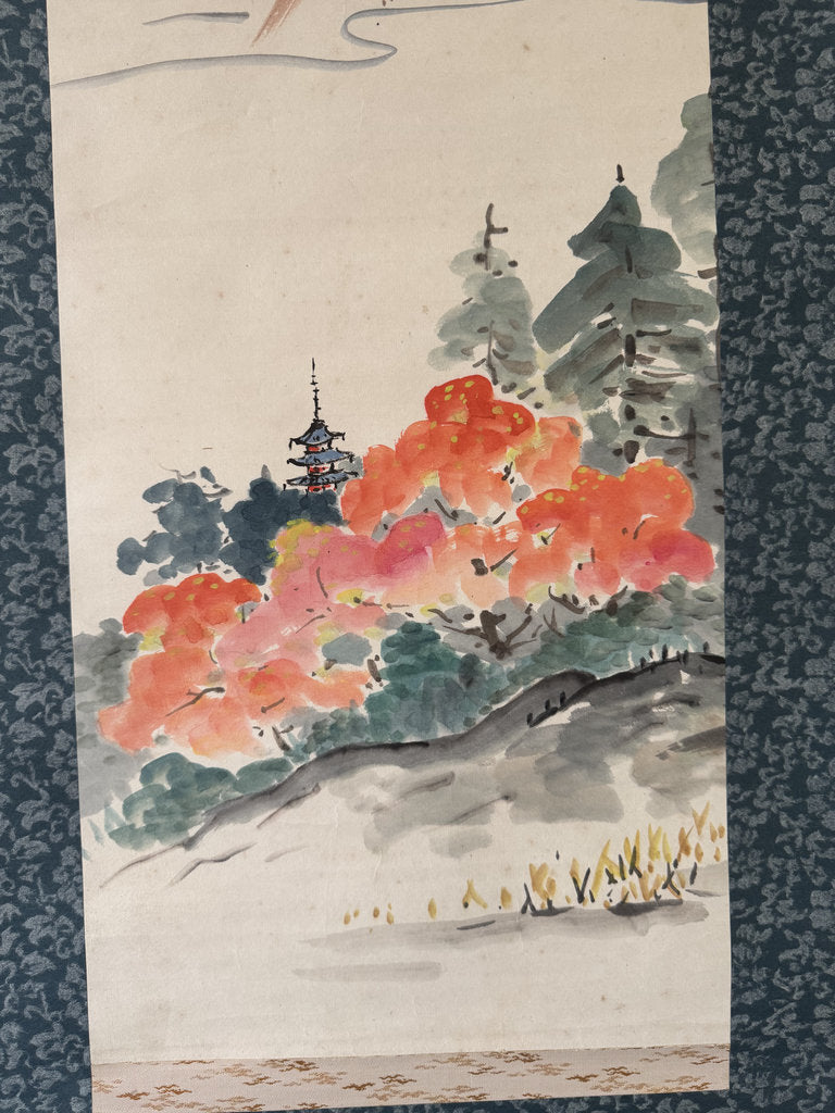 Vintage Japanese Hanging Scroll — Autumn Pagoda Landscape with Maple — Nihonga Sansui — Signed Jōen — Kōyō Season Art