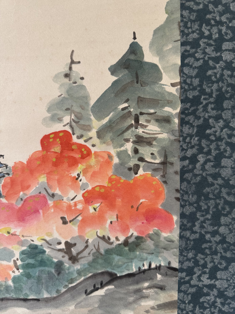 Vintage Japanese Hanging Scroll — Autumn Pagoda Landscape with Maple — Nihonga Sansui — Signed Jōen — Kōyō Season Art