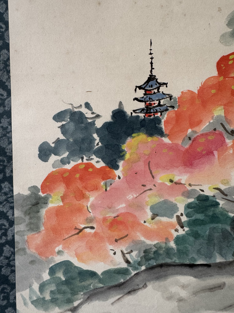 Vintage Japanese Hanging Scroll — Autumn Pagoda Landscape with Maple — Nihonga Sansui — Signed Jōen — Kōyō Season Art