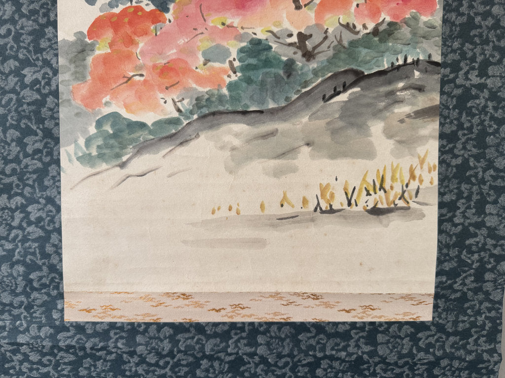 Vintage Japanese Hanging Scroll — Autumn Pagoda Landscape with Maple — Nihonga Sansui — Signed Jōen — Kōyō Season Art