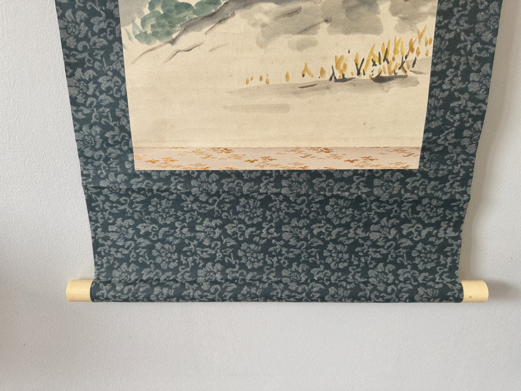 Vintage Japanese Hanging Scroll — Autumn Pagoda Landscape with Maple — Nihonga Sansui — Signed Jōen — Kōyō Season Art