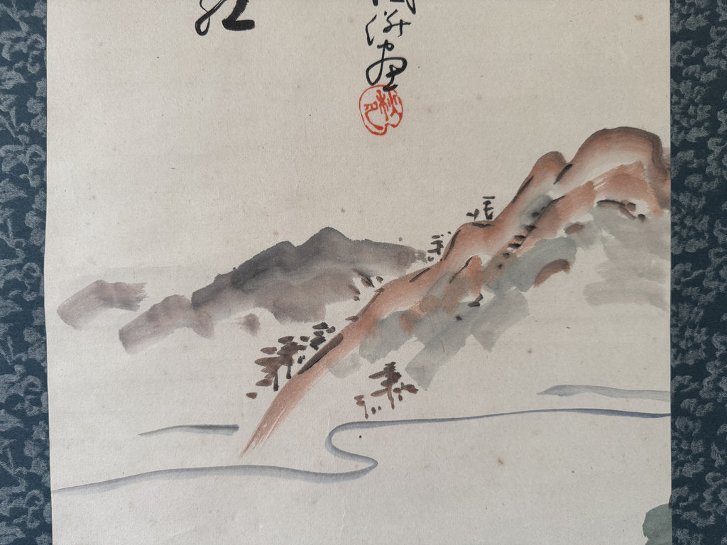 Vintage Japanese Hanging Scroll — Autumn Pagoda Landscape with Maple — Nihonga Sansui — Signed Jōen — Kōyō Season Art