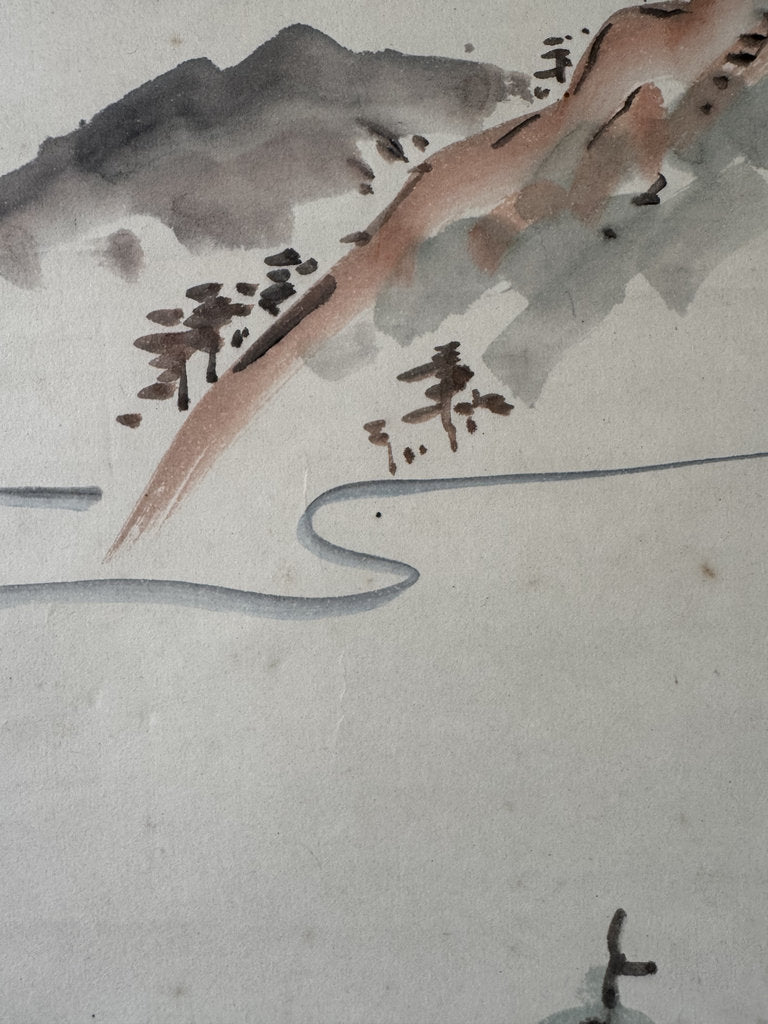 Vintage Japanese Hanging Scroll — Autumn Pagoda Landscape with Maple — Nihonga Sansui — Signed Jōen — Kōyō Season Art