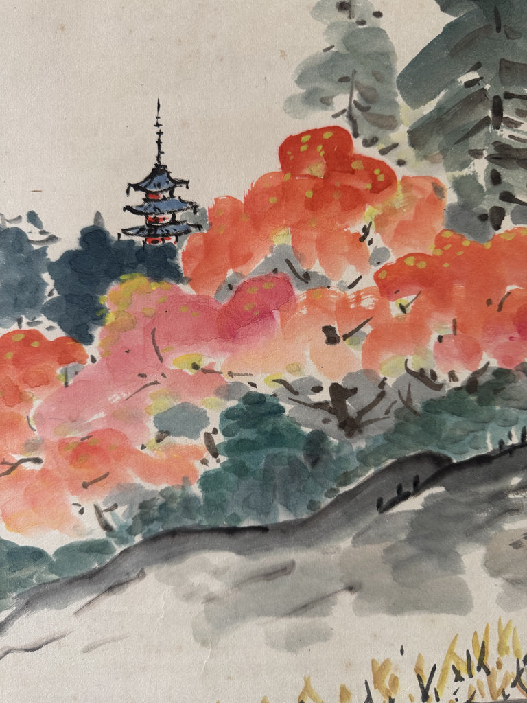Vintage Japanese Hanging Scroll — Autumn Pagoda Landscape with Maple — Nihonga Sansui — Signed Jōen — Kōyō Season Art