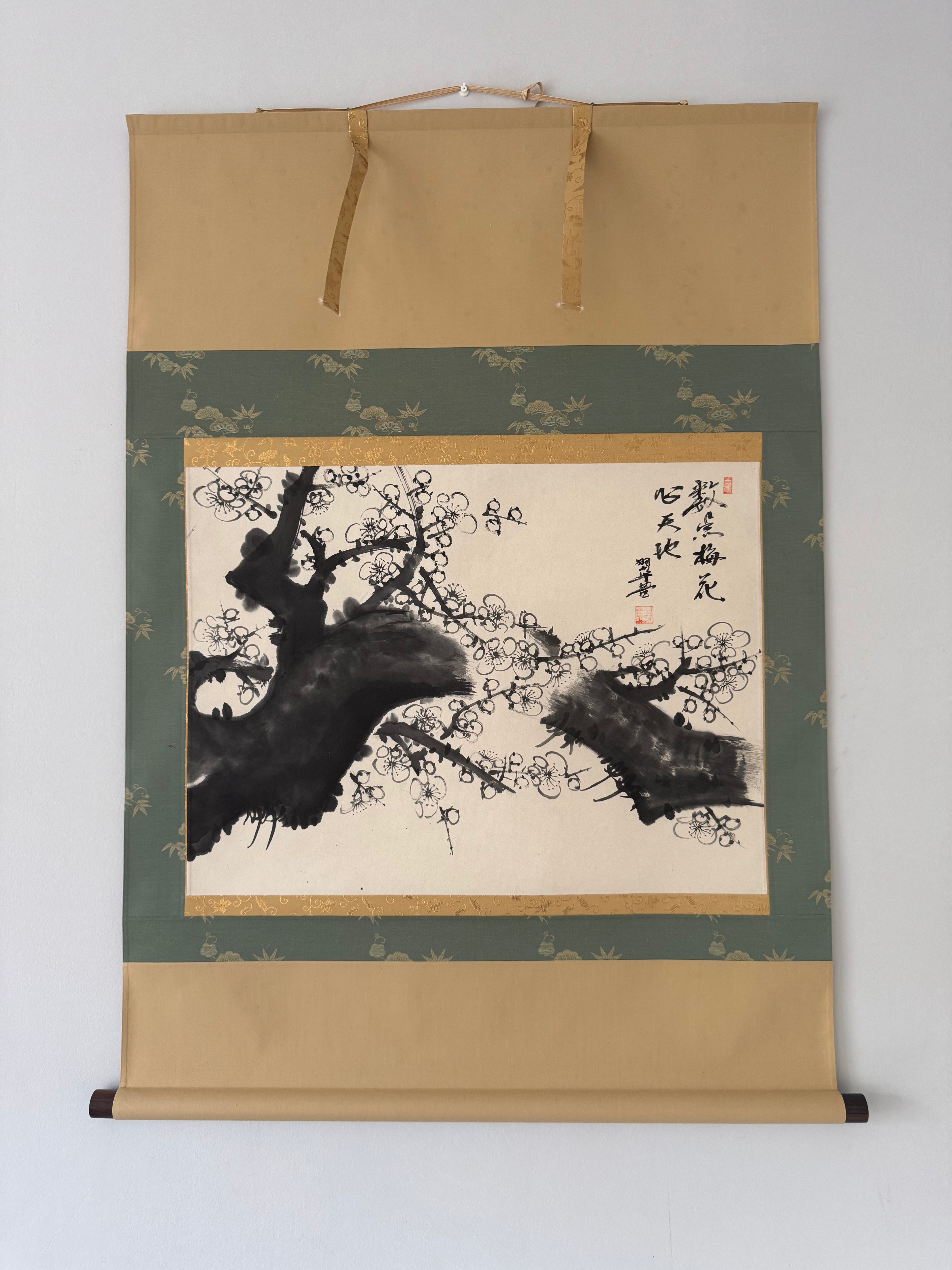 Vintage Japanese Hanging Scroll — Plum Blossom in Haboku Ink — "Few Petals, Infinite Sky" — Signed Usō — Zen Sumi-e Art