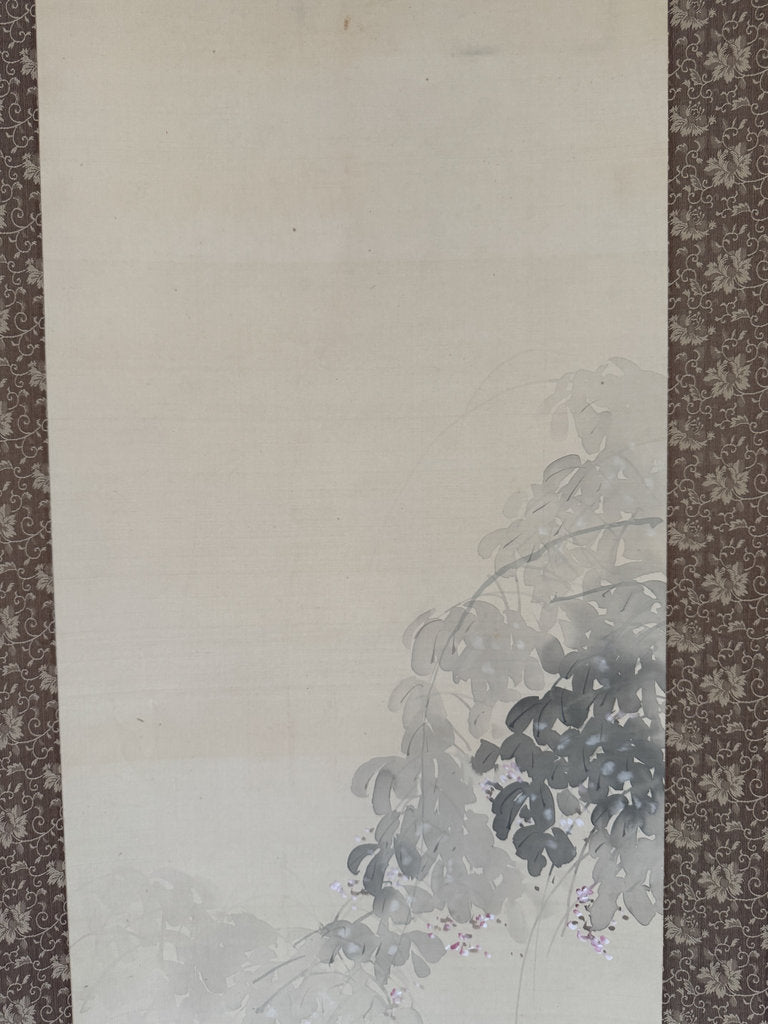 Vintage Japanese Hanging Scroll - Tanuki Running Under Wisteria - Shijō Jūga - Signed Genpaku - Japanese Raccoon Dog Folk Spirit