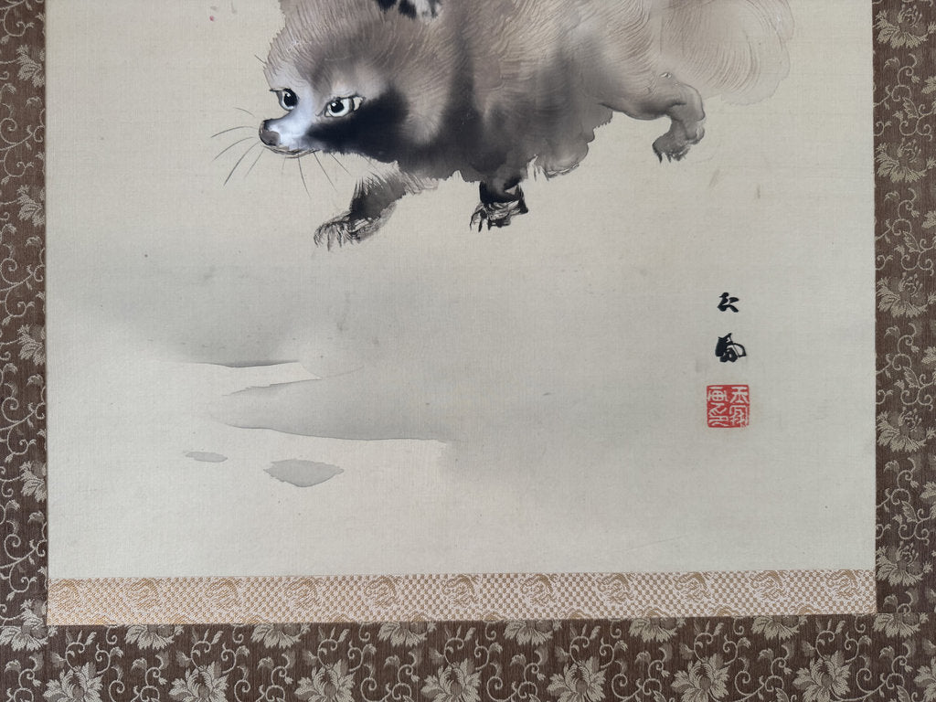 Vintage Japanese Hanging Scroll - Tanuki Running Under Wisteria - Shijō Jūga - Signed Genpaku - Japanese Raccoon Dog Folk Spirit
