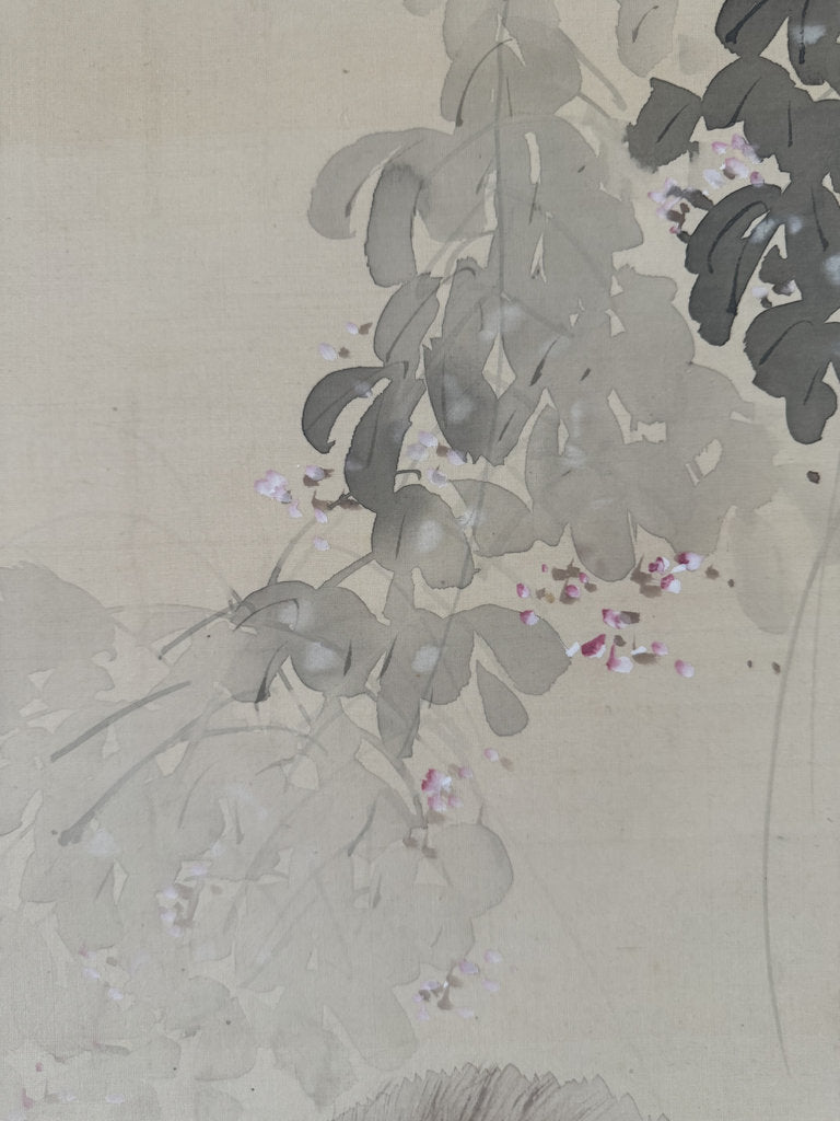 Vintage Japanese Hanging Scroll - Tanuki Running Under Wisteria - Shijō Jūga - Signed Genpaku - Japanese Raccoon Dog Folk Spirit