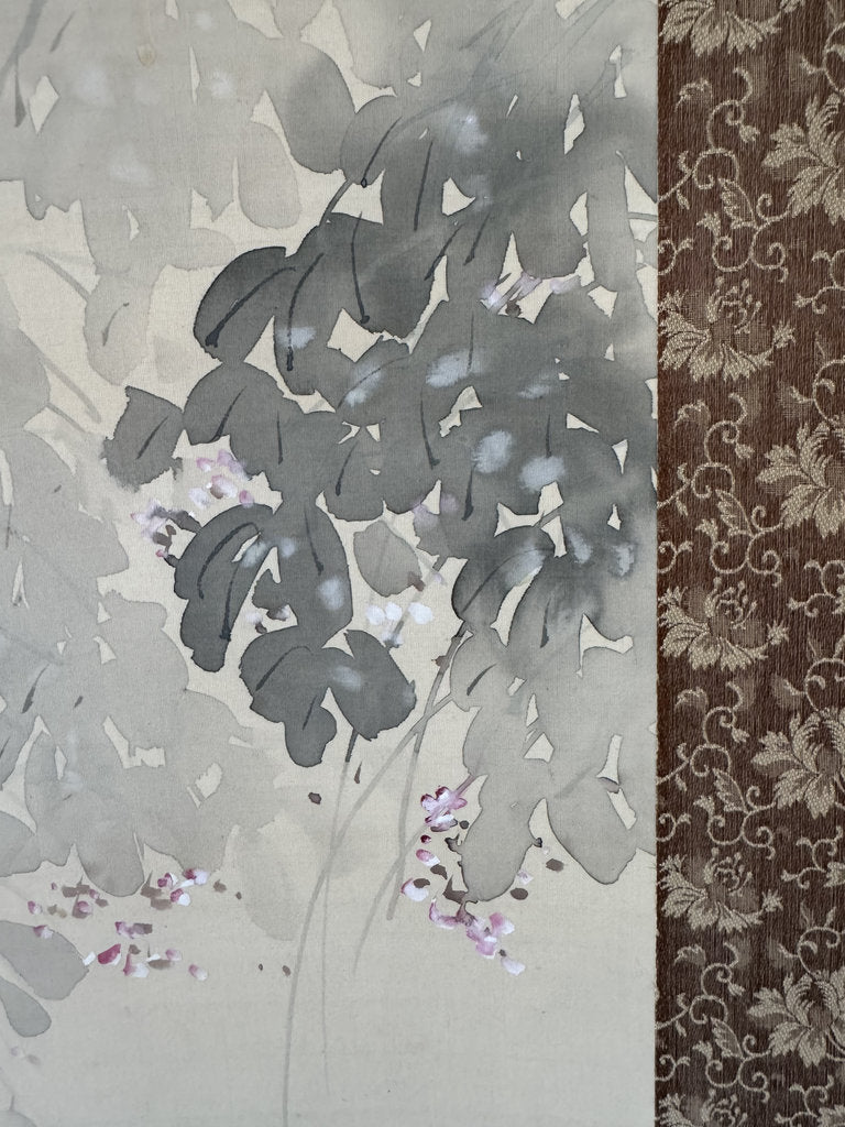 Vintage Japanese Hanging Scroll - Tanuki Running Under Wisteria - Shijō Jūga - Signed Genpaku - Japanese Raccoon Dog Folk Spirit