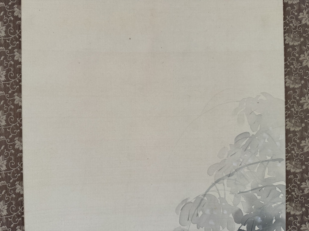 Vintage Japanese Hanging Scroll - Tanuki Running Under Wisteria - Shijō Jūga - Signed Genpaku - Japanese Raccoon Dog Folk Spirit