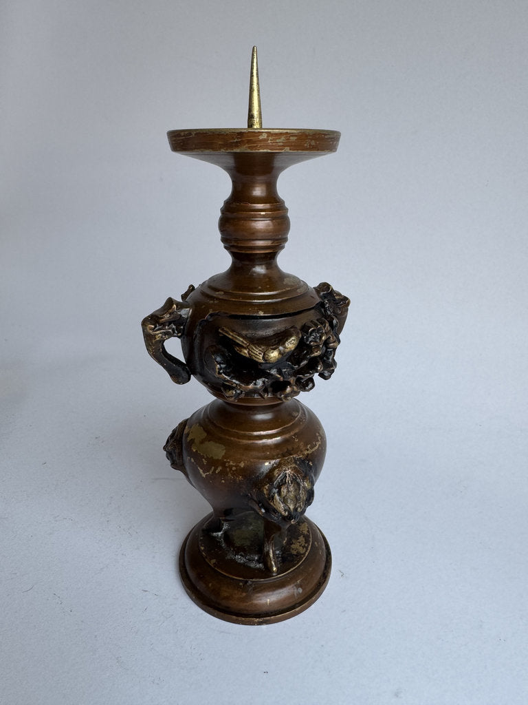 Vintage Japanese Buddhist Altar Set - Goro-gu Five-Piece Bronze - Meiji Era - Kacho Relief - Zō Shokudai - Stamped Foundry Mark