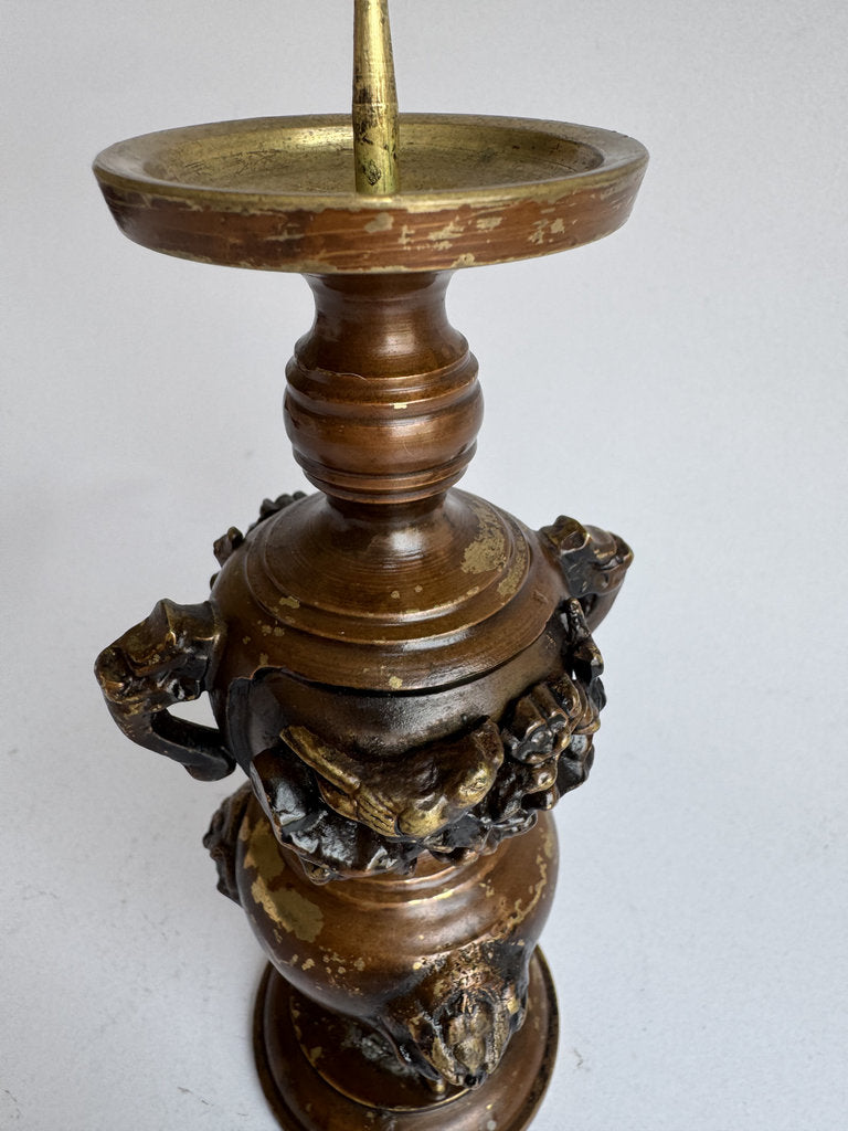 Vintage Japanese Buddhist Altar Set - Goro-gu Five-Piece Bronze - Meiji Era - Kacho Relief - Zō Shokudai - Stamped Foundry Mark
