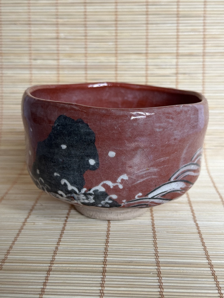 Kenzan-Style Aka Chawan | Ariso Wave & Rock | Red Iron Glaze | Kyō-yaki Tradition