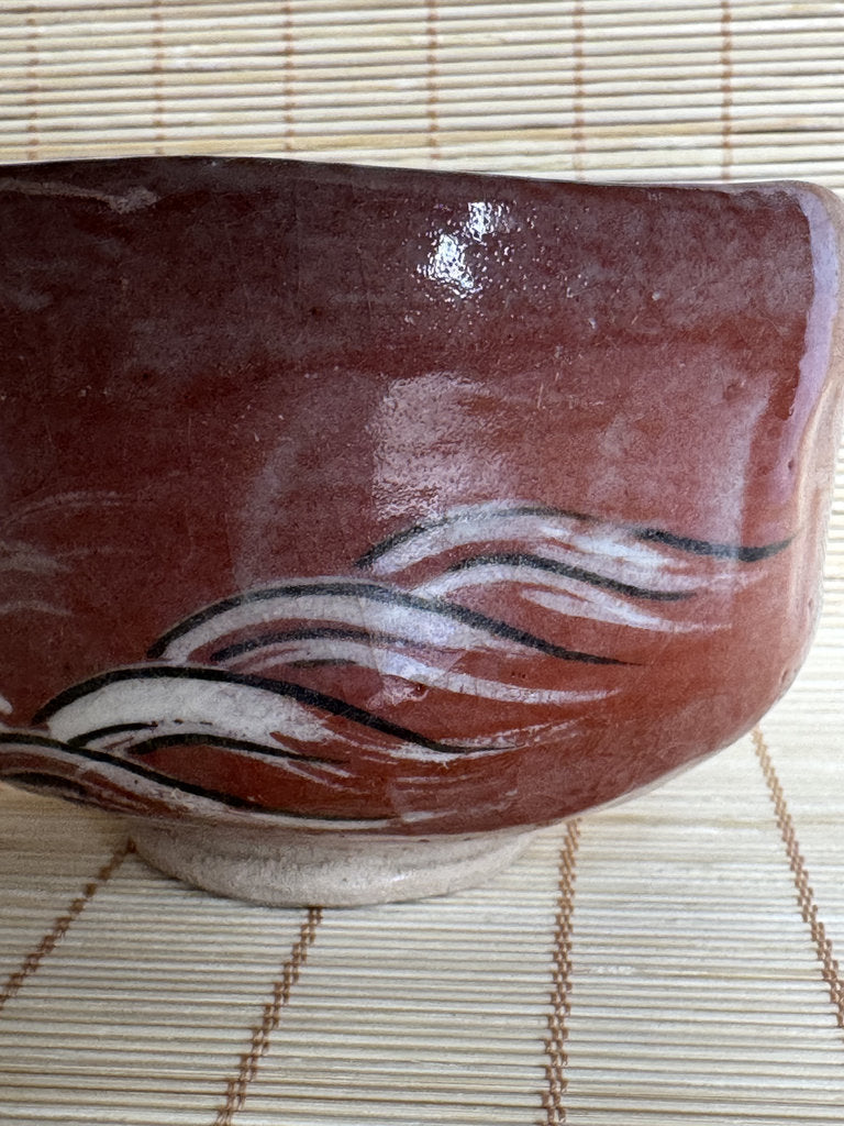 Kenzan-Style Aka Chawan | Ariso Wave & Rock | Red Iron Glaze | Kyō-yaki Tradition