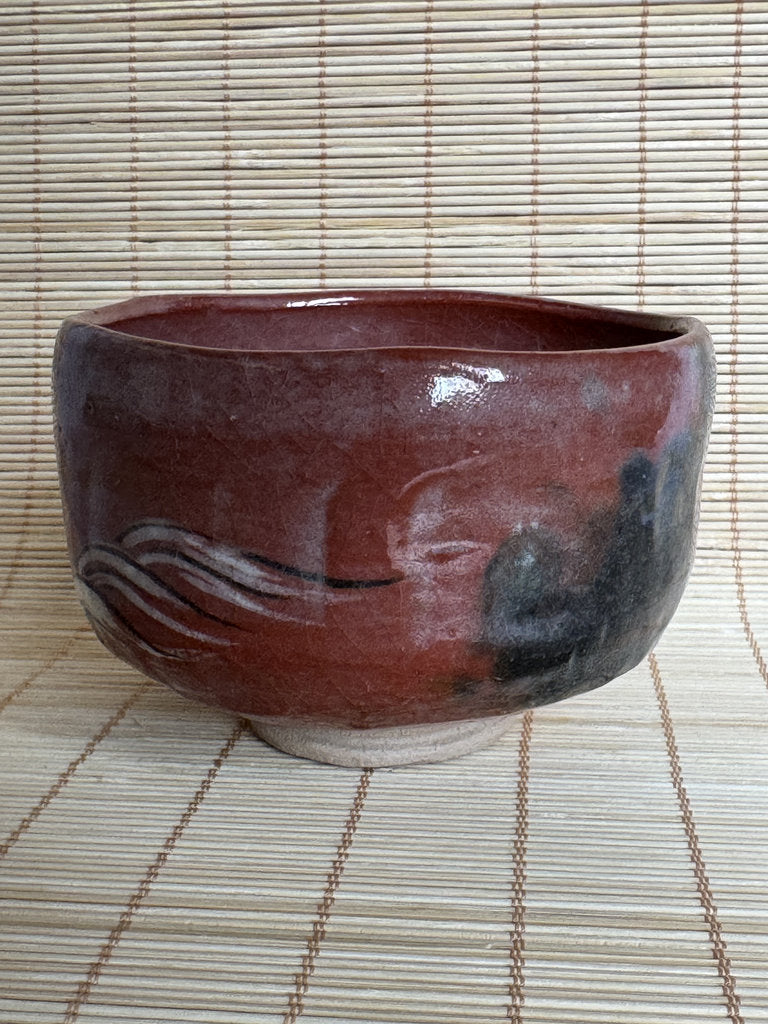 Kenzan-Style Aka Chawan | Ariso Wave & Rock | Red Iron Glaze | Kyō-yaki Tradition