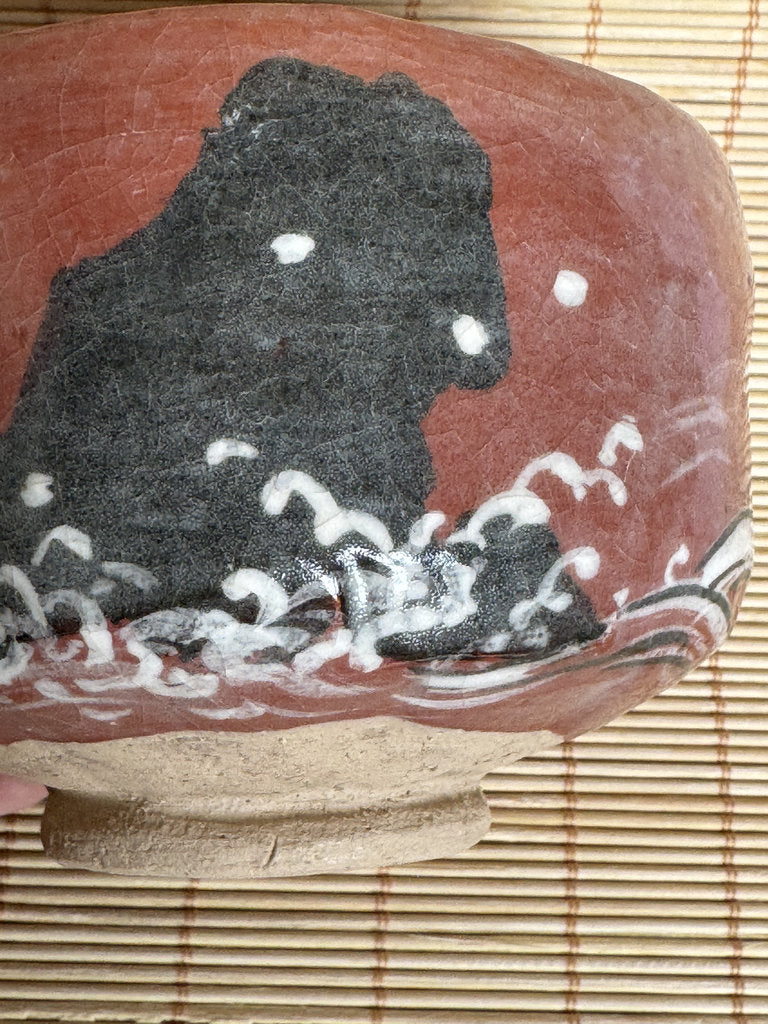 Kenzan-Style Aka Chawan | Ariso Wave & Rock | Red Iron Glaze | Kyō-yaki Tradition