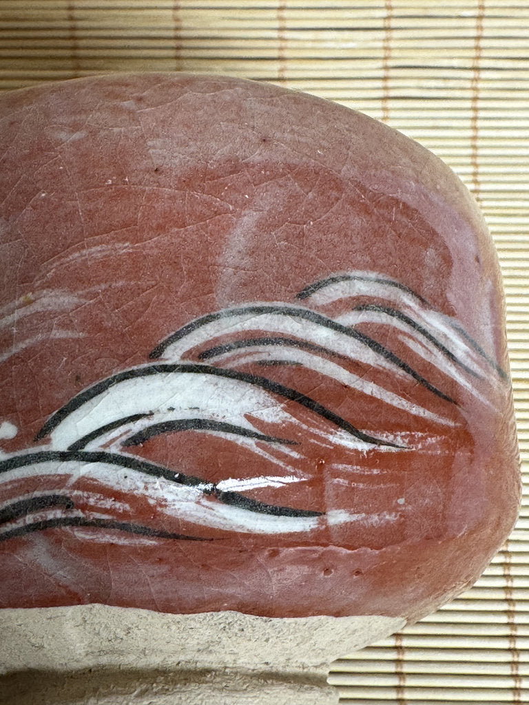 Kenzan-Style Aka Chawan | Ariso Wave & Rock | Red Iron Glaze | Kyō-yaki Tradition