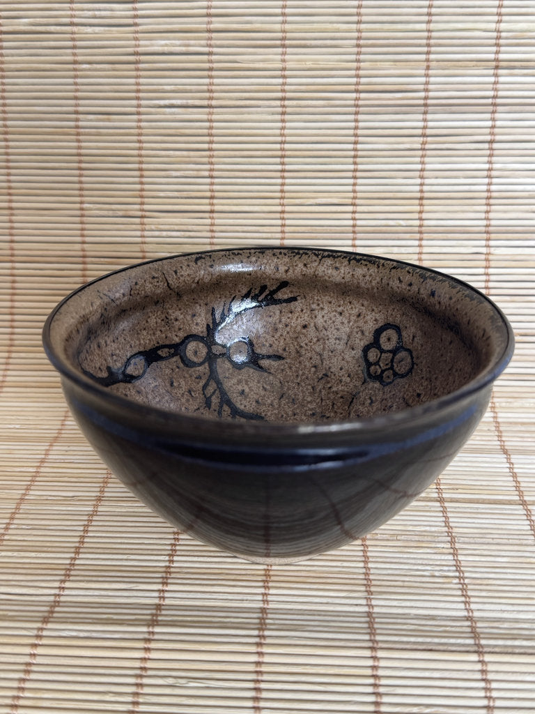 Kenzan School Chawan | Ume Plum Interior | Black Iron Exterior | Rimpa Tea Bowl