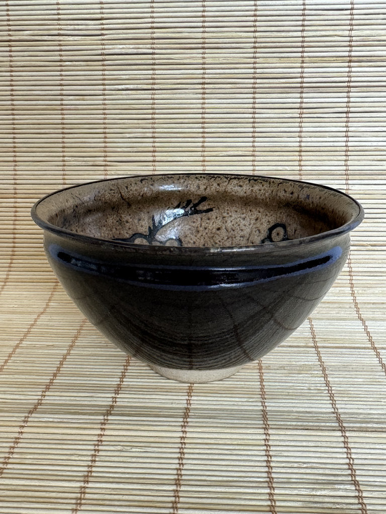 Kenzan School Chawan | Ume Plum Interior | Black Iron Exterior | Rimpa Tea Bowl