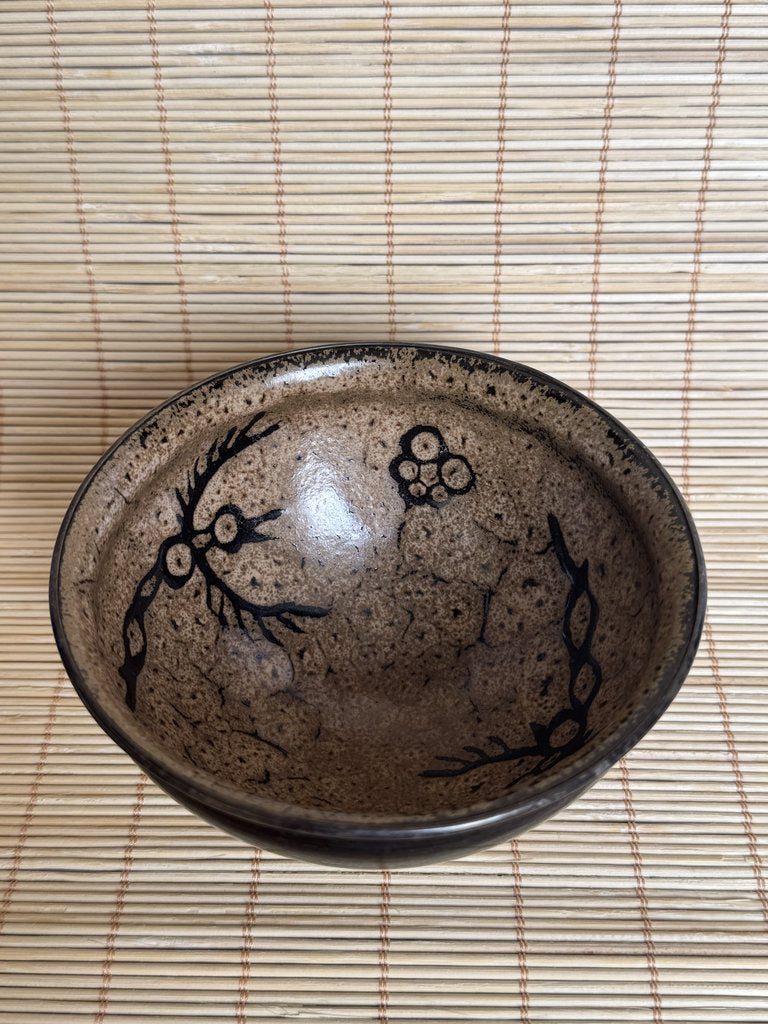 Kenzan School Chawan | Ume Plum Interior | Black Iron Exterior | Rimpa Tea Bowl