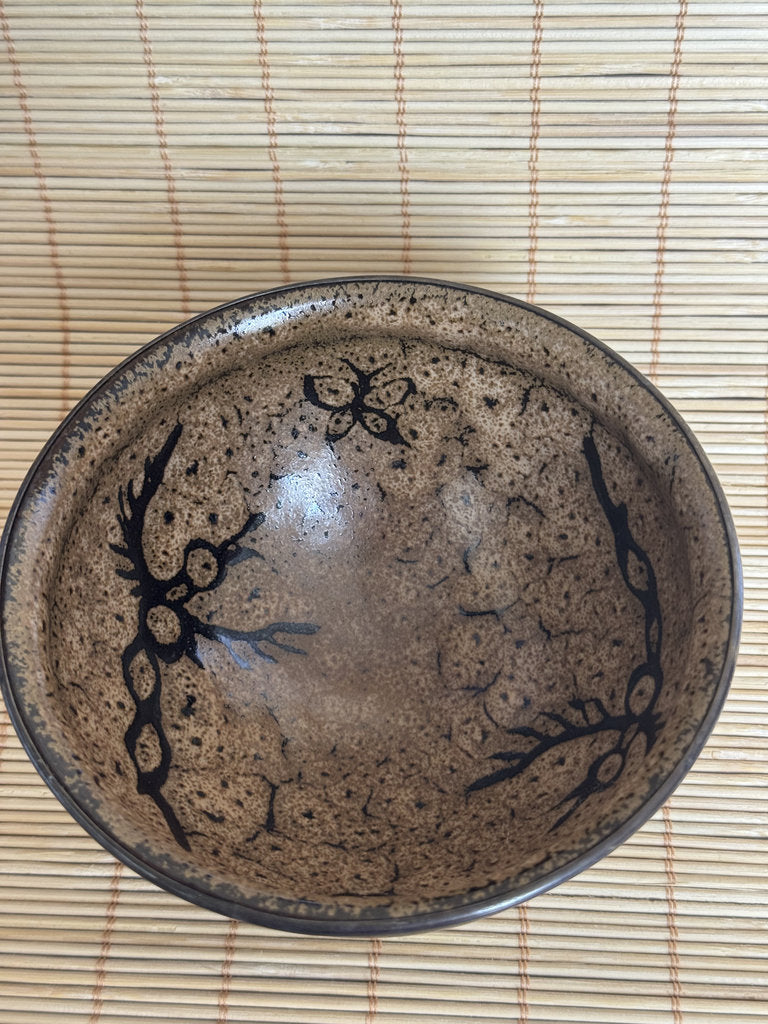 Kenzan School Chawan | Ume Plum Interior | Black Iron Exterior | Rimpa Tea Bowl