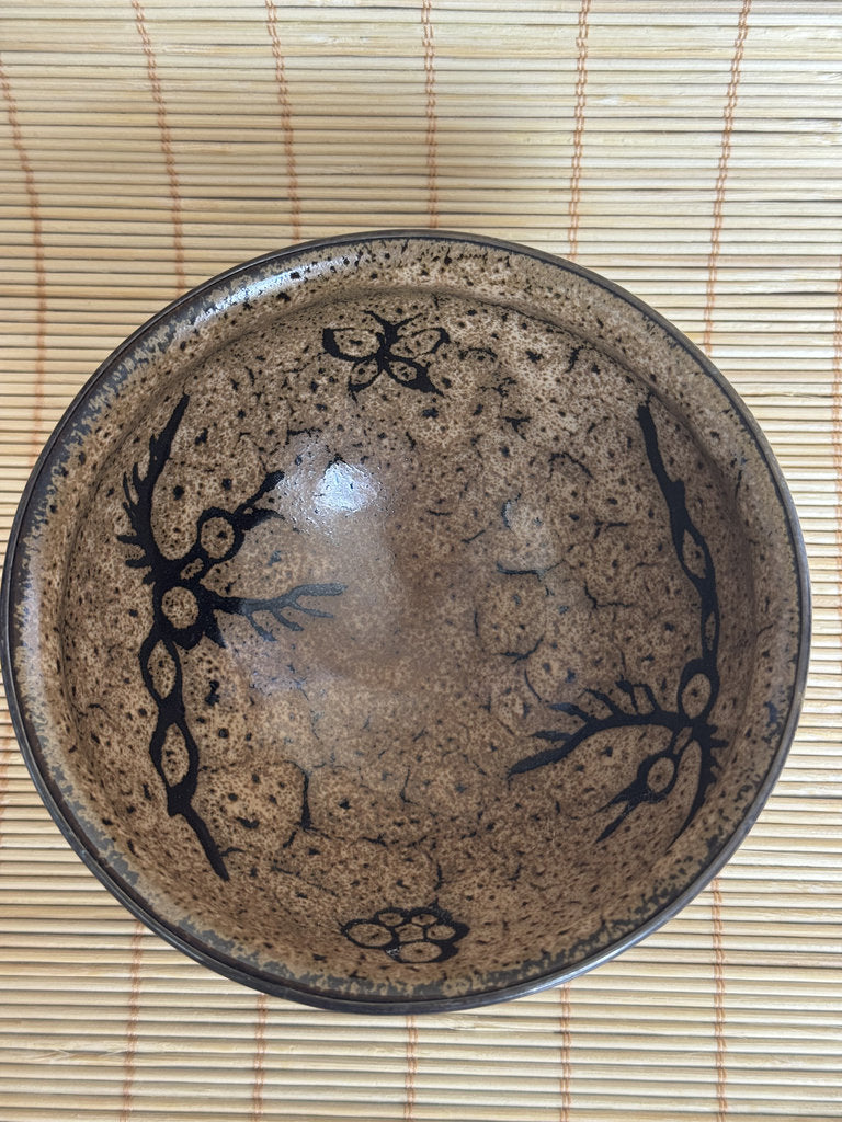 Kenzan School Chawan | Ume Plum Interior | Black Iron Exterior | Rimpa Tea Bowl