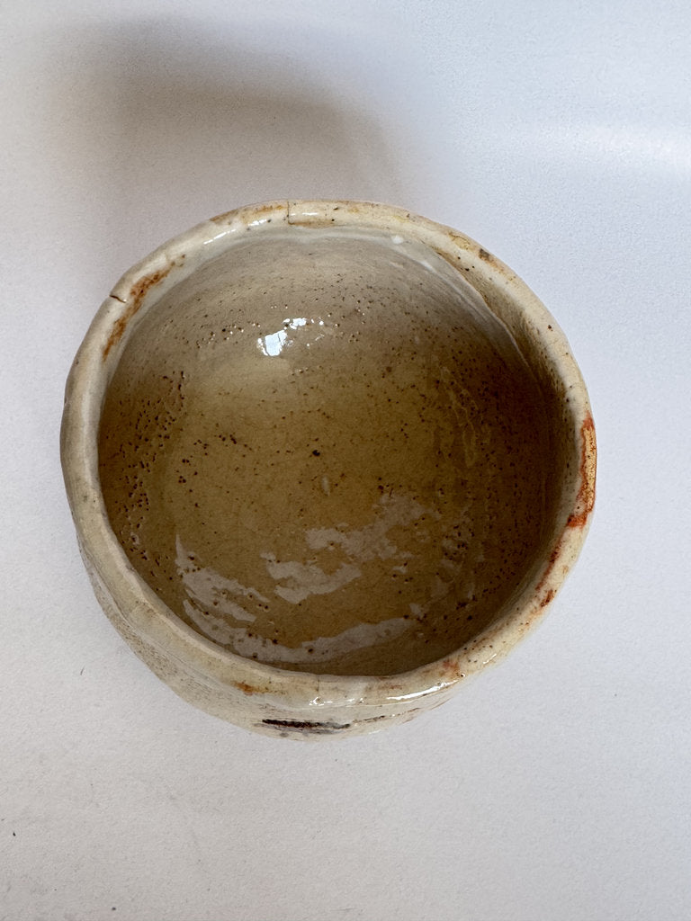 E-Shino Chawan | Bird Motif Iron Underglaze | Kuchikiri Rim Notch | Mino Tradition