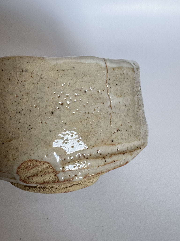 E-Shino Chawan | Bird Motif Iron Underglaze | Kuchikiri Rim Notch | Mino Tradition