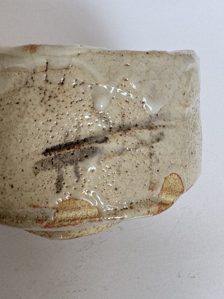 E-Shino Chawan | Bird Motif Iron Underglaze | Kuchikiri Rim Notch | Mino Tradition