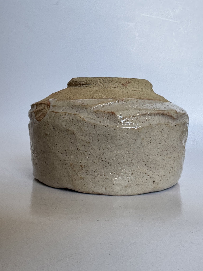 E-Shino Chawan | Bird Motif Iron Underglaze | Kuchikiri Rim Notch | Mino Tradition
