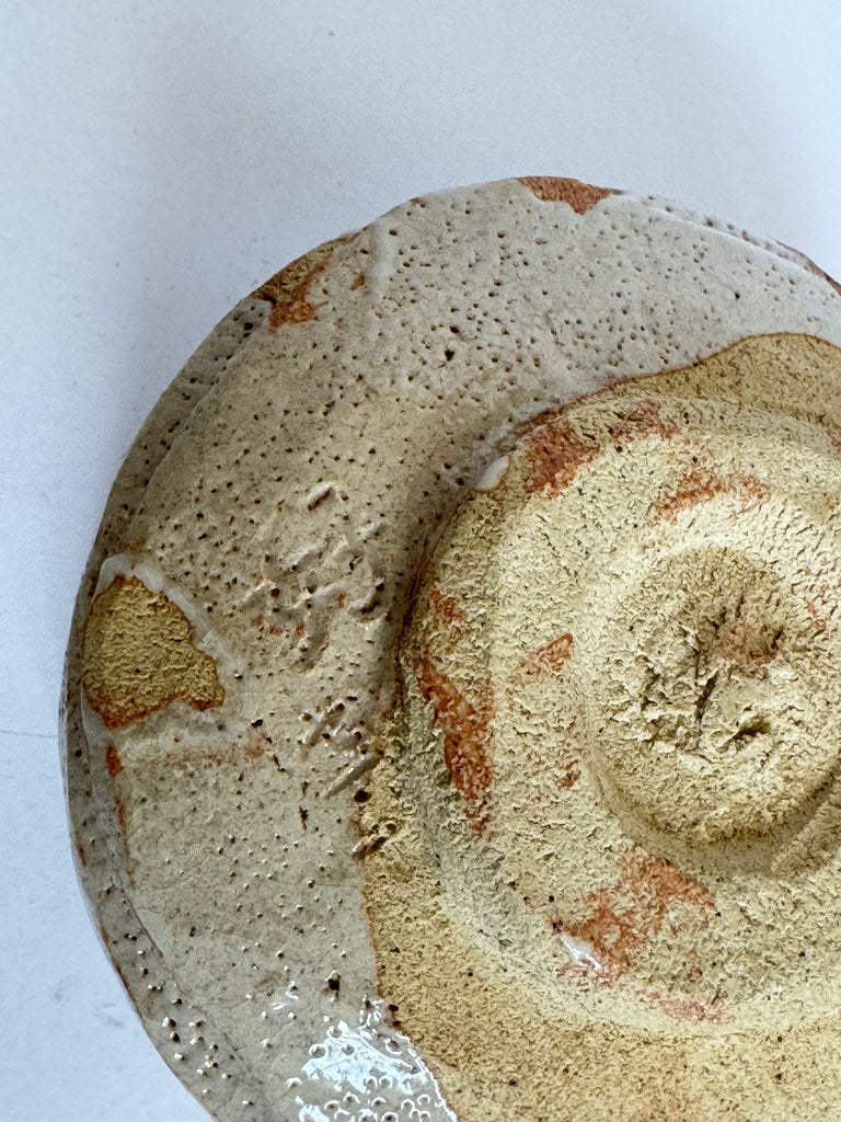 E-Shino Chawan | Bird Motif Iron Underglaze | Kuchikiri Rim Notch | Mino Tradition