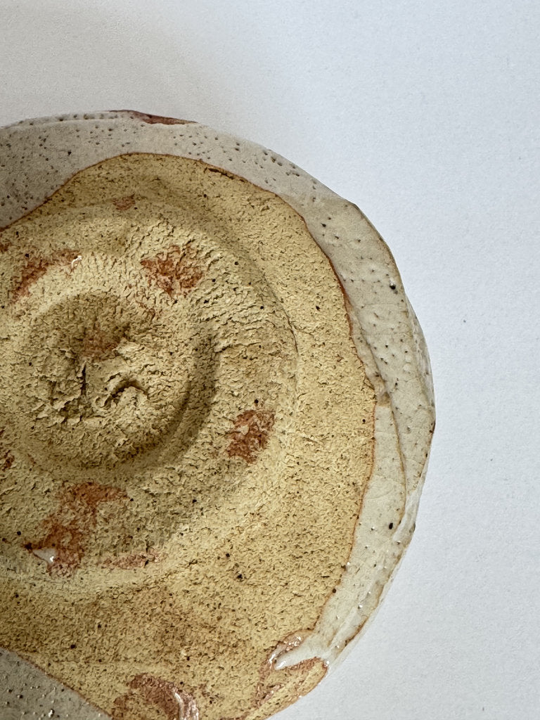E-Shino Chawan | Bird Motif Iron Underglaze | Kuchikiri Rim Notch | Mino Tradition