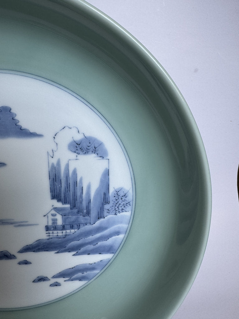 Pair Japanese Arita Charger Plates | Celadon Sometsuke Sansui | Hand-Painted Landscape | Yamatoku Kiln | Wall Display Plates | Blue White Porcelain