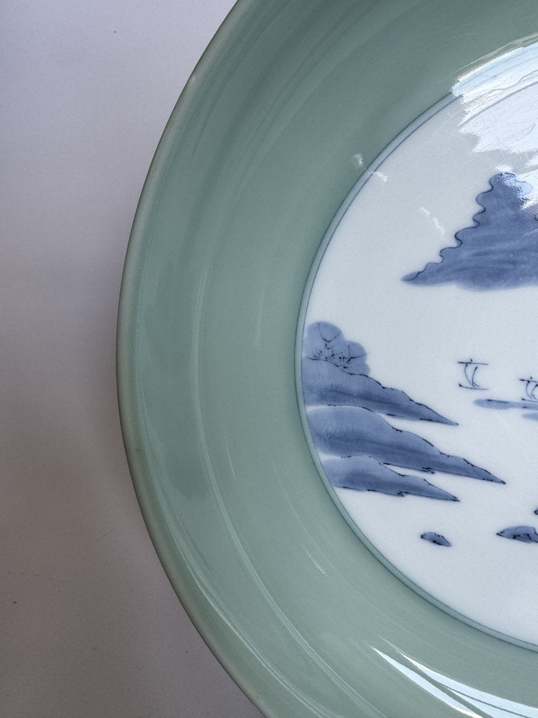 Pair Japanese Arita Charger Plates | Celadon Sometsuke Sansui | Hand-Painted Landscape | Yamatoku Kiln | Wall Display Plates | Blue White Porcelain