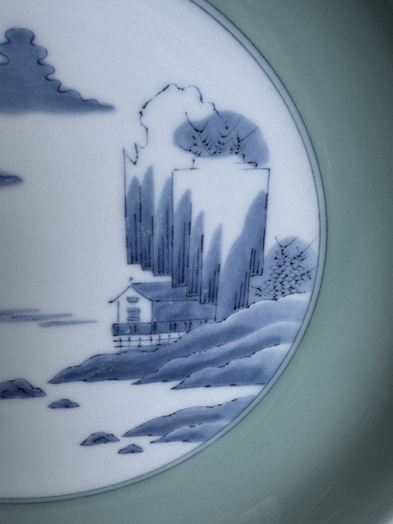 Pair Japanese Arita Charger Plates | Celadon Sometsuke Sansui | Hand-Painted Landscape | Yamatoku Kiln | Wall Display Plates | Blue White Porcelain