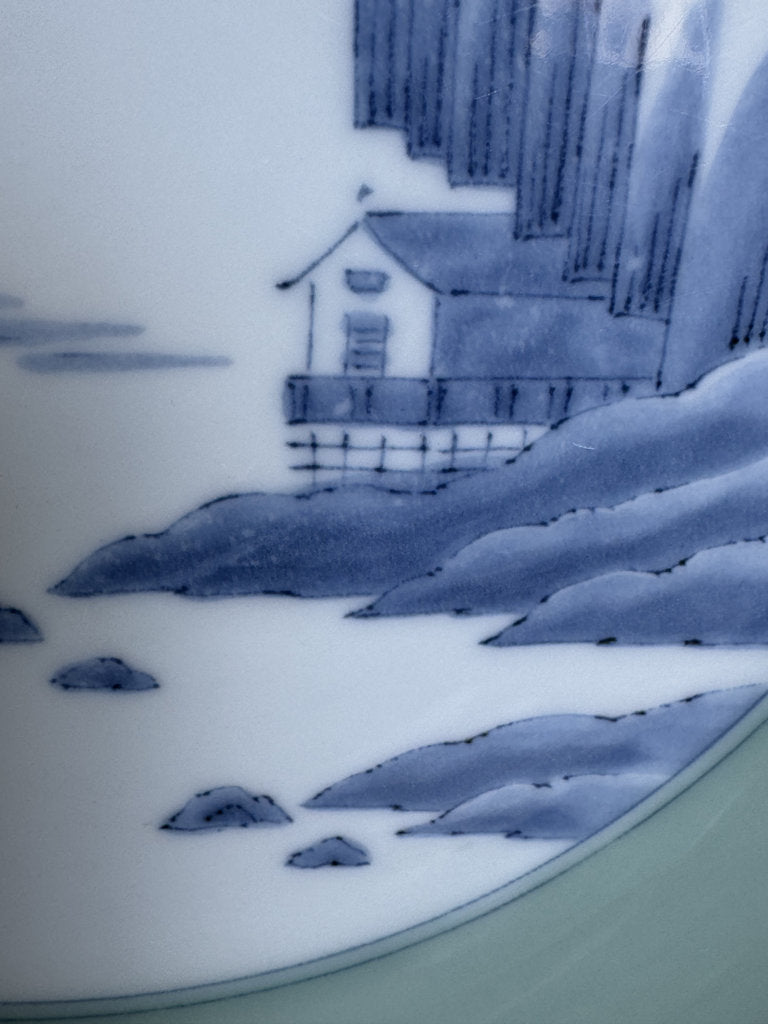 Pair Japanese Arita Charger Plates | Celadon Sometsuke Sansui | Hand-Painted Landscape | Yamatoku Kiln | Wall Display Plates | Blue White Porcelain