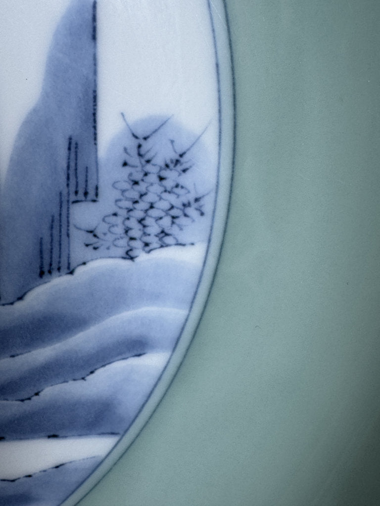 Pair Japanese Arita Charger Plates | Celadon Sometsuke Sansui | Hand-Painted Landscape | Yamatoku Kiln | Wall Display Plates | Blue White Porcelain