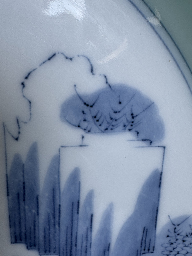 Pair Japanese Arita Charger Plates | Celadon Sometsuke Sansui | Hand-Painted Landscape | Yamatoku Kiln | Wall Display Plates | Blue White Porcelain