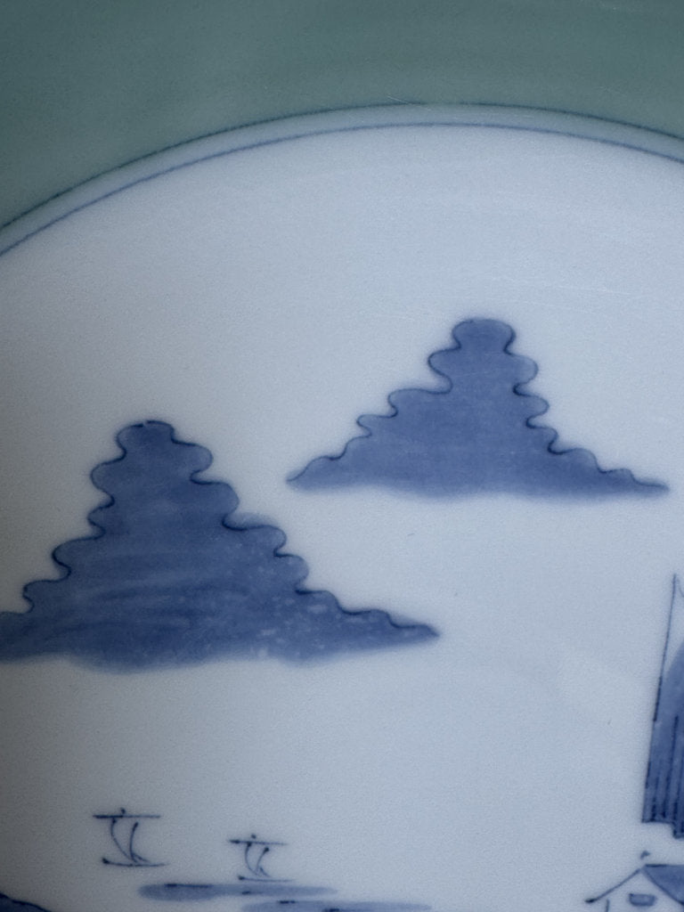 Pair Japanese Arita Charger Plates | Celadon Sometsuke Sansui | Hand-Painted Landscape | Yamatoku Kiln | Wall Display Plates | Blue White Porcelain