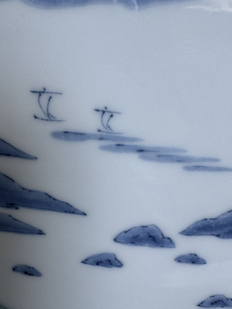 Pair Japanese Arita Charger Plates | Celadon Sometsuke Sansui | Hand-Painted Landscape | Yamatoku Kiln | Wall Display Plates | Blue White Porcelain