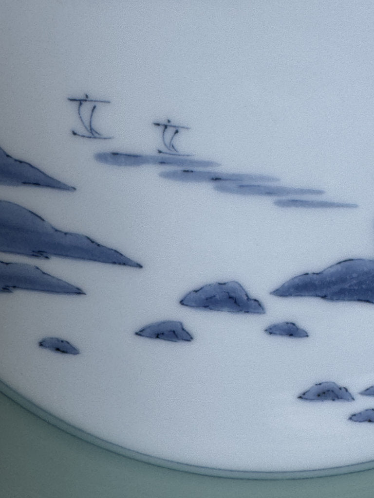 Pair Japanese Arita Charger Plates | Celadon Sometsuke Sansui | Hand-Painted Landscape | Yamatoku Kiln | Wall Display Plates | Blue White Porcelain