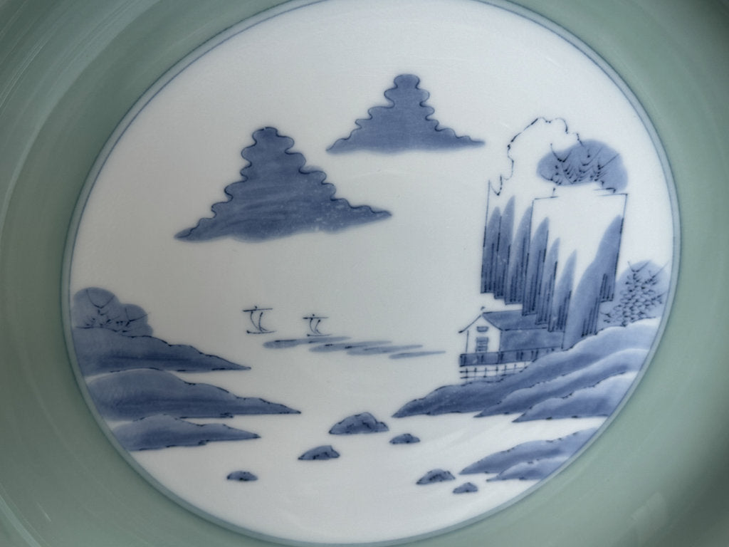 Pair Japanese Arita Charger Plates | Celadon Sometsuke Sansui | Hand-Painted Landscape | Yamatoku Kiln | Wall Display Plates | Blue White Porcelain