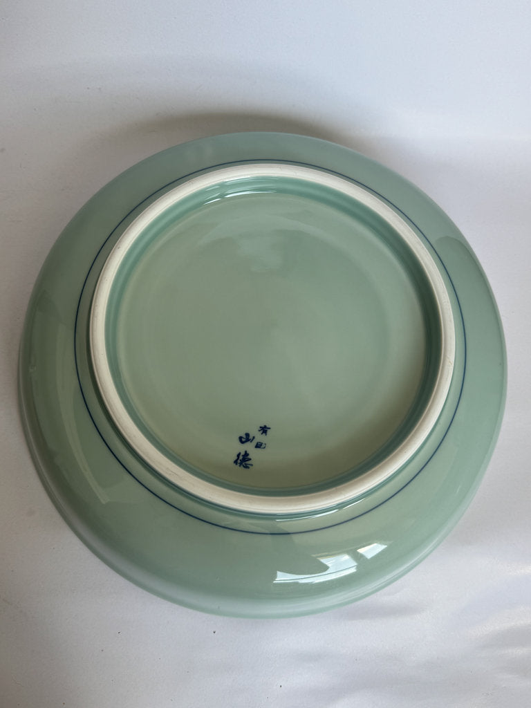 Pair Japanese Arita Charger Plates | Celadon Sometsuke Sansui | Hand-Painted Landscape | Yamatoku Kiln | Wall Display Plates | Blue White Porcelain
