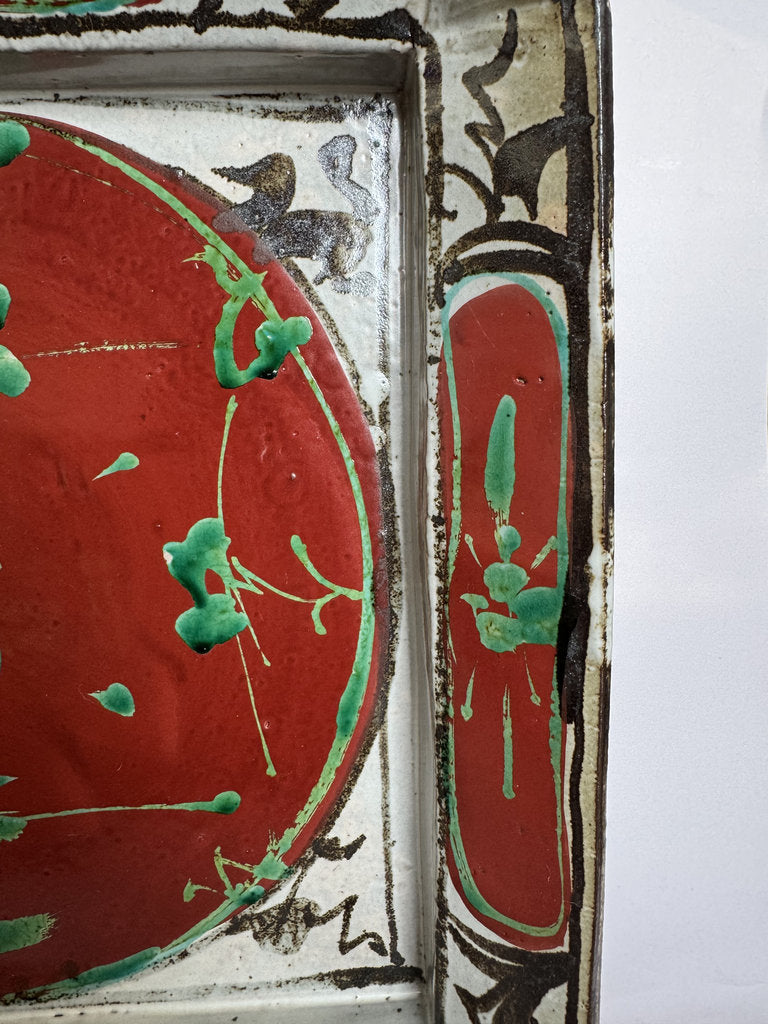 Vintage Japanese Kutani Pottery Dish, Aka Midori Glazed Ceramic Plate, Edo Meiji Era, Red Green Enamel, Collector Antique, Wood Stand Included