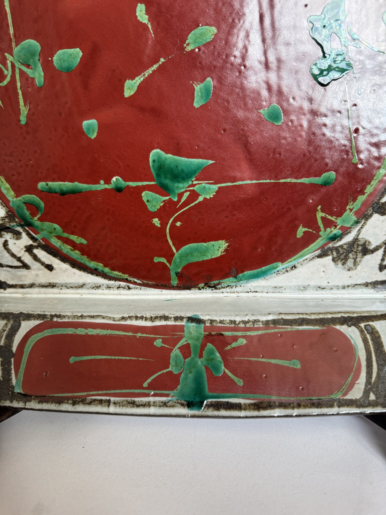 Vintage Japanese Kutani Pottery Dish, Aka Midori Glazed Ceramic Plate, Edo Meiji Era, Red Green Enamel, Collector Antique, Wood Stand Included