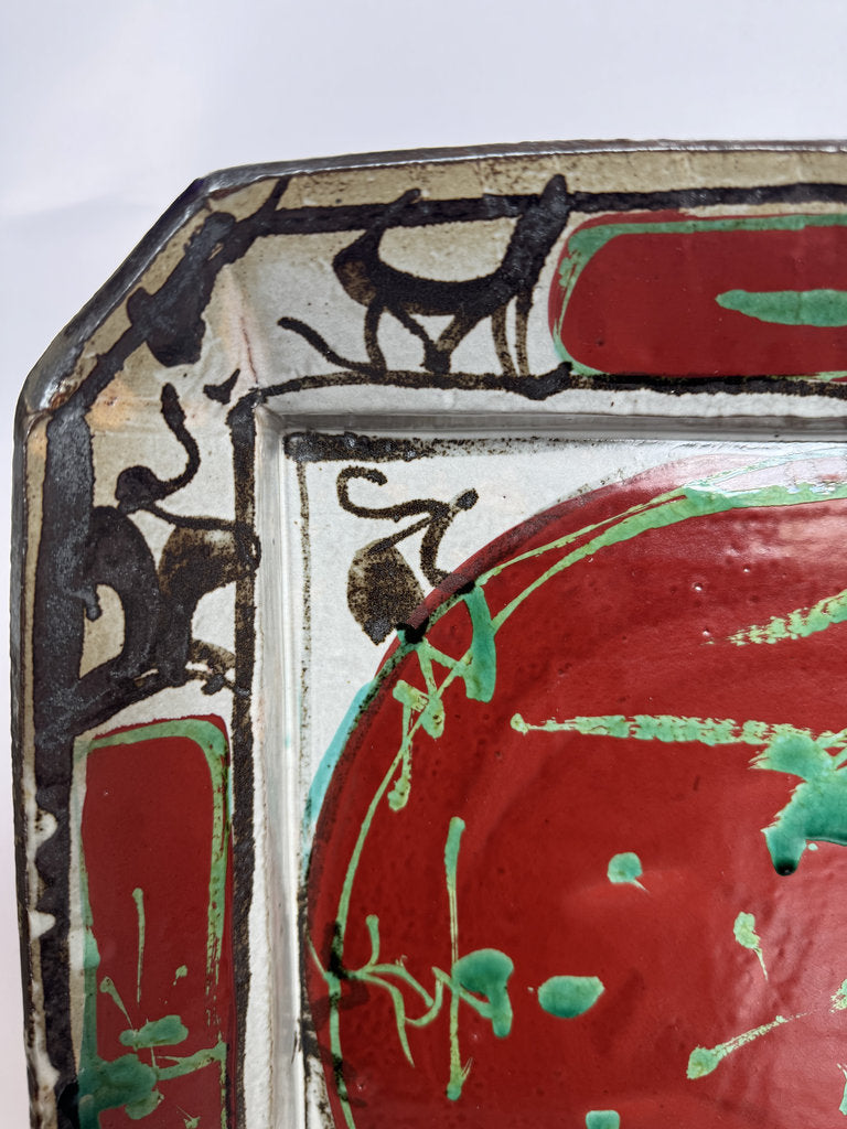 Vintage Japanese Kutani Pottery Dish, Aka Midori Glazed Ceramic Plate, Edo Meiji Era, Red Green Enamel, Collector Antique, Wood Stand Included